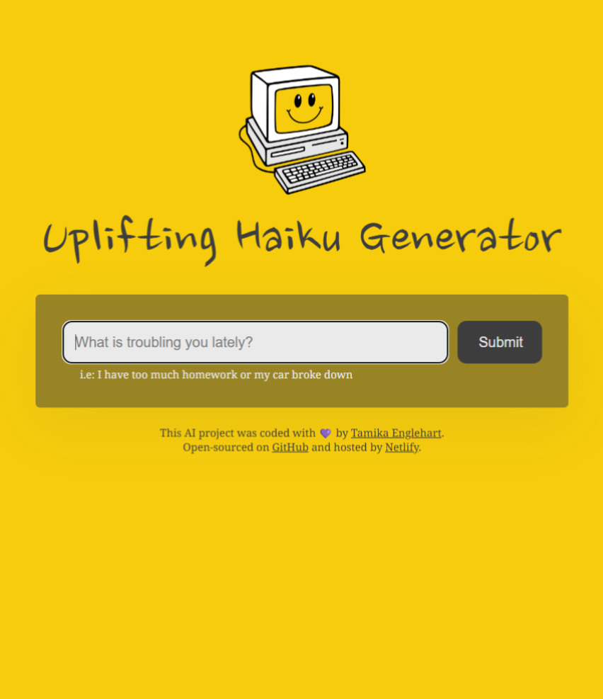 Preview image of Tamika's Uplifting Haiku Generator app.