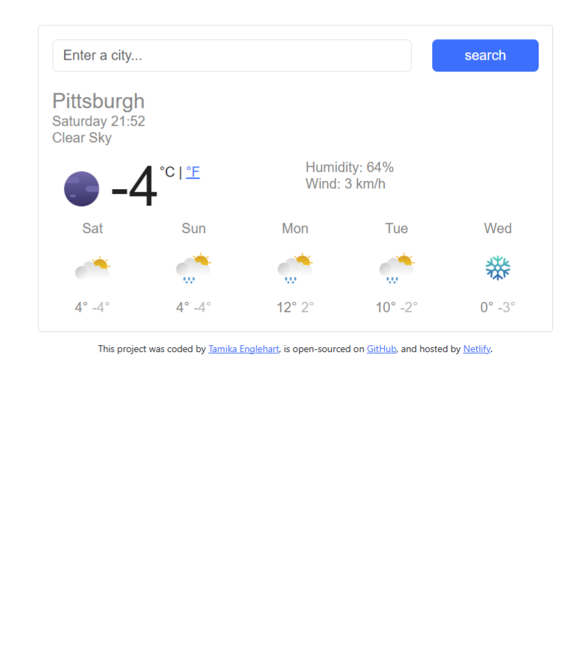 Preview image of Tamika's React.js weather forecast project.